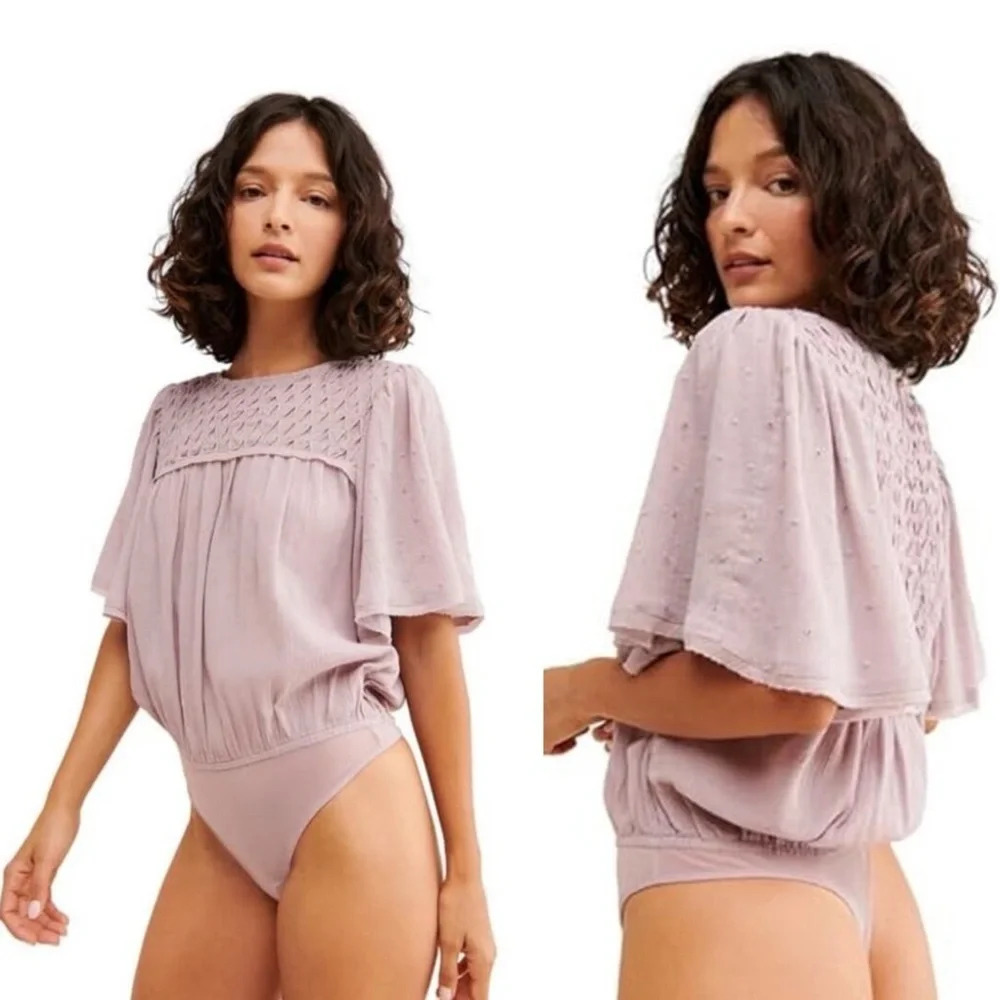 🌟NEW Intimately Free People Pink Smocked Billowy Perfect Catch Bodysuit Medium